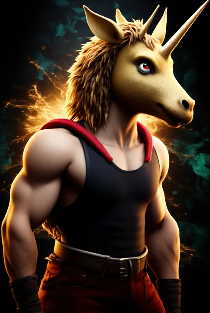 Golden unicorn with body of a man wearing a tank top ,short 