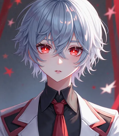 An anime boy, Silver blue hair, your eyes are red, your skin is pale, Are your chic clothes white, Black and red.
