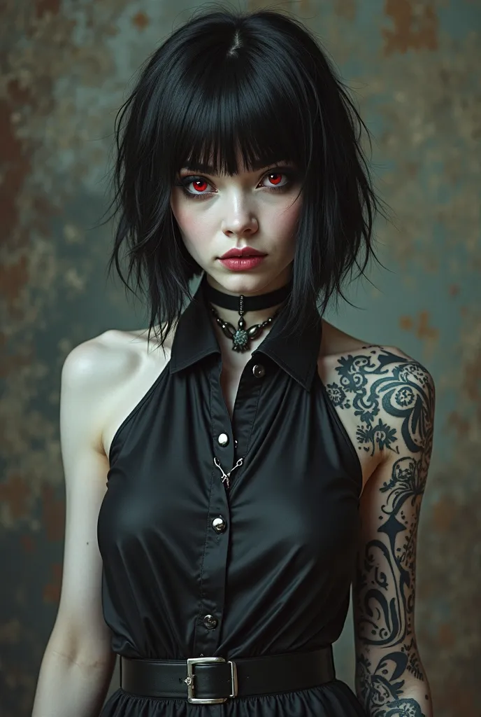 A woman, white skin, with short black hair, red eyes, gothic clothes but nowadays, tattoos on her arms and a black sleeveless shirt, futanari