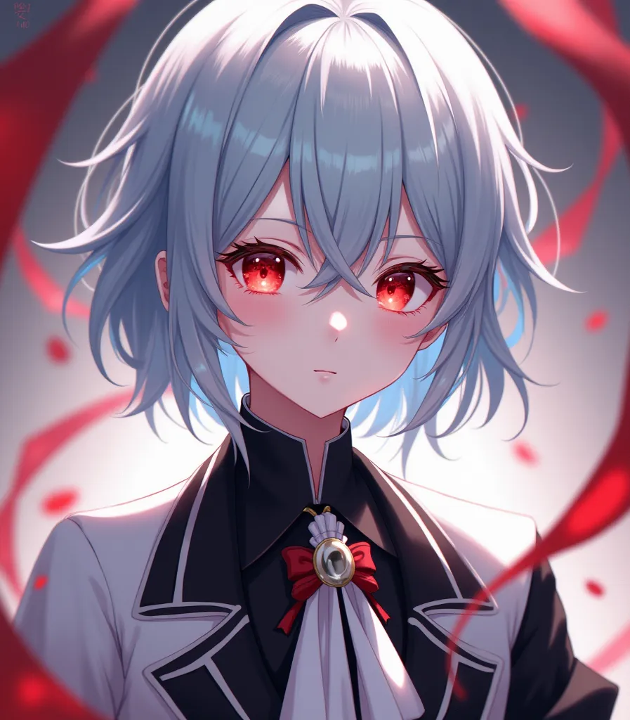 An anime boy, Silver blue hair, your eyes are red, your skin is pale, Are your chic clothes white, Black and red.
