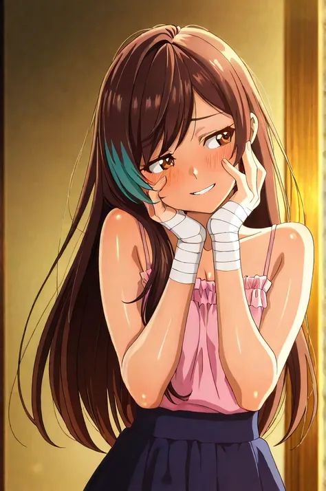 masterpiece, best quality, amazing quality, hands on own face, teeth, embarrassed expression, smile, looking away, brown eyes, bandaged hands, covering own torso, very long brown hair with teal highlights, dark blue skirt, pink frilled tank top, long swept...