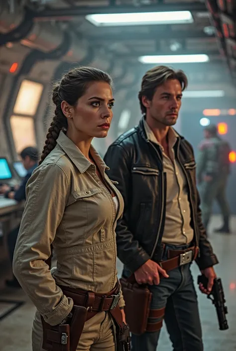 Leia from star wars,a determined woman with her hair tied in a signature braided style stands next to Han Solo with a blaster in hand and a leather jacket. They stand in a brightly lit underground resistance base filled with futuristic computers, maps, and...