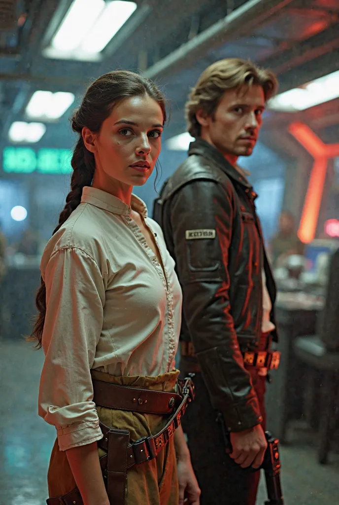 Leia from star wars,a determined woman with her hair tied in a signature braided style stands next to Han Solo with a blaster in hand and a leather jacket. They stand in a brightly lit underground resistance base filled with futuristic computers, maps, and...