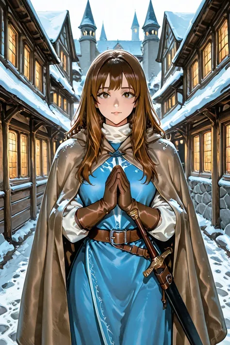 A  warrior with short, slightly messy brown hair stands confidently in the middle of a medieval city covered in snow. His determined gaze is fixed on the horizon as snowflakes gently fall around him. He wears a rugged blue tunic with reinforced stitching, ...