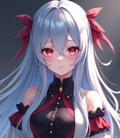  an anime girl , long blue silver hair, your eyes are red, your skin is pale, Are your chic clothes white, Black and red.
