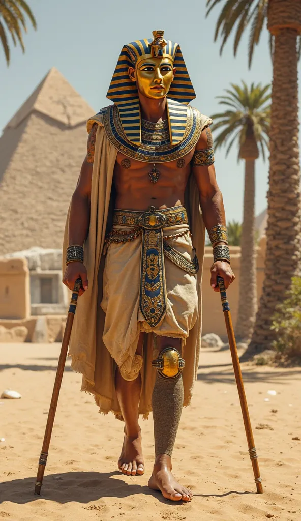 Invalid Tutankhamun with a broken leg using walking sticks in ancient Egypt,  ultra real and professional images