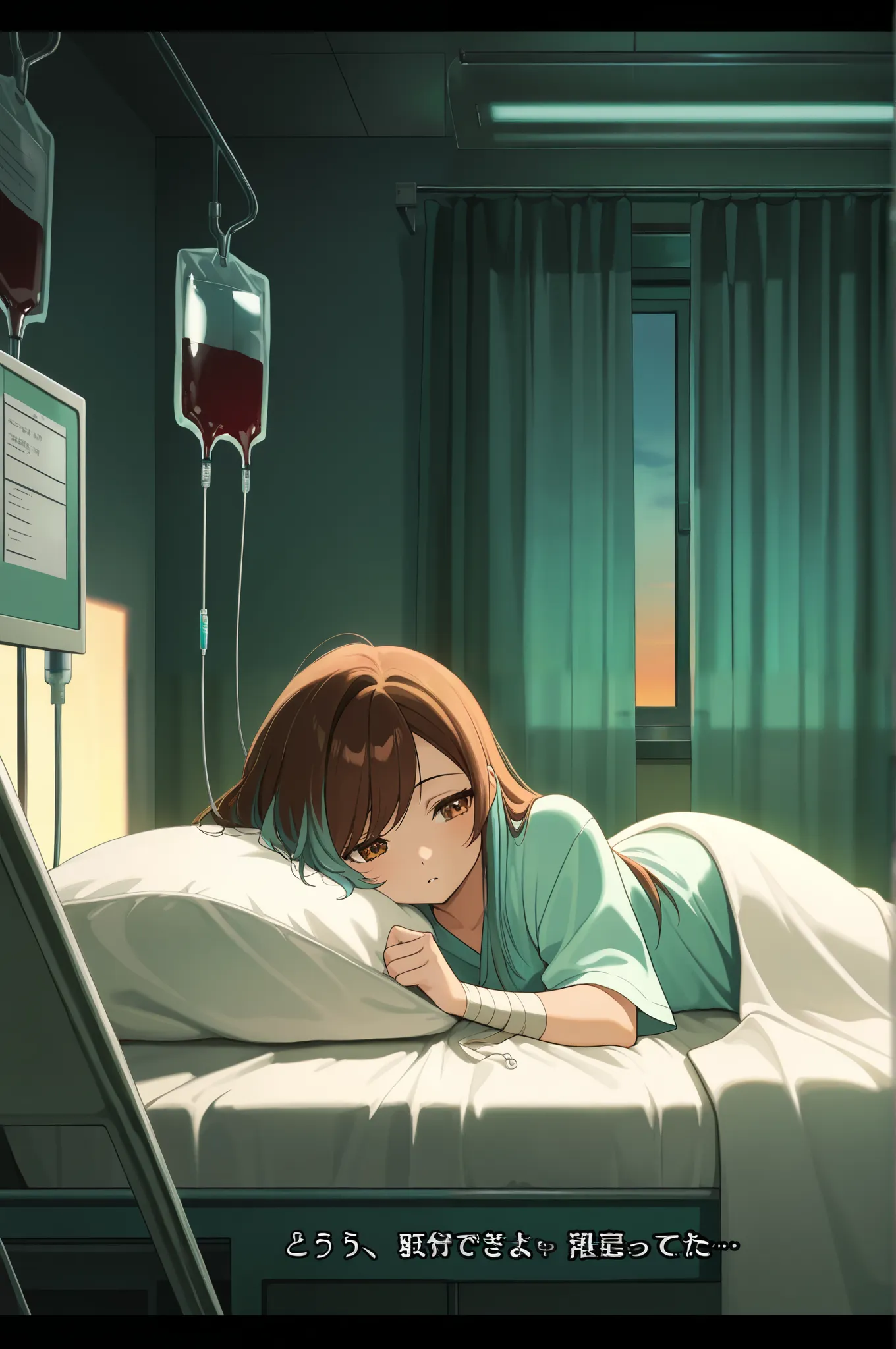 masterpiece, best quality, amazing quality, swept bangs, dried blood, girl laying in bed under blankets, head on soft pillow, very long brown hair with teal highlights, thin, brown eyes, hospital room, bandages, girl laying in bed, iv bags, iv station, ove...