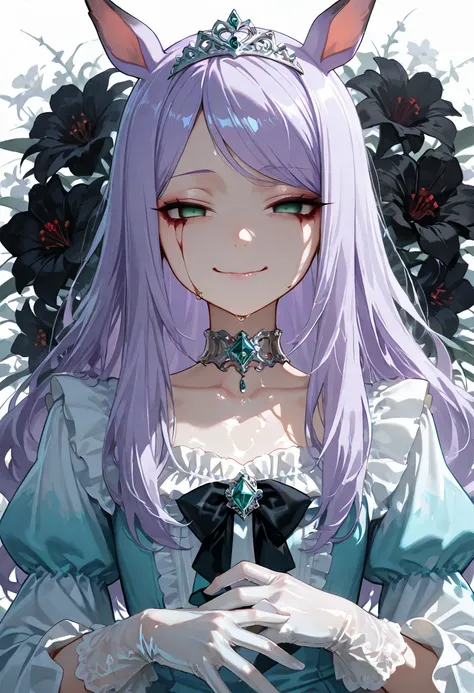 floral background, corruption, empty eyes, half-closed eyes, evil smile, no pupils, crazy smile, 1girl, mejiro mcqueen, horse ears, solo, long hair, flower, dress, tiara, white dress, gloves, long sleeves, choker, green eyes, mascara, makeup, white gloves,...