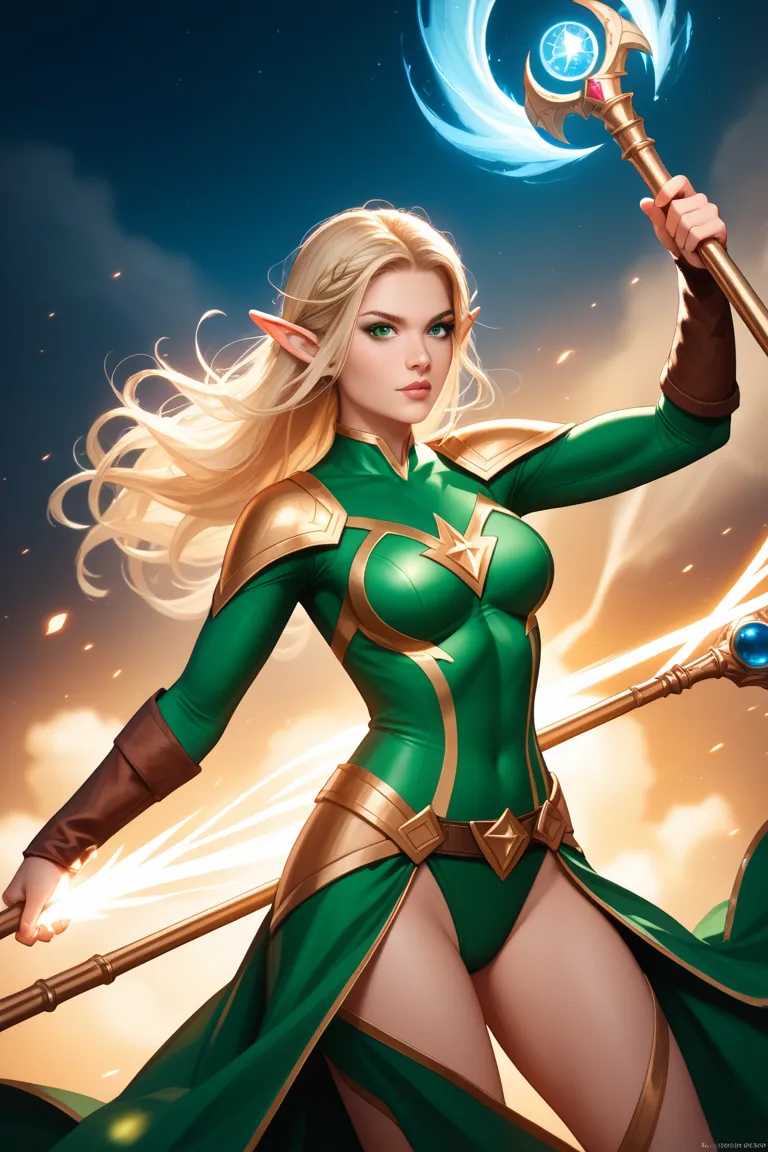 blonde female elf mage wearing superhero costume with a staff in hand