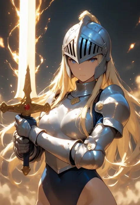 1 30-year-old woman、Blonde long hair、Knight Commander、leotard、wearing a helmet、(Holding a sword),she’s fighting monsters