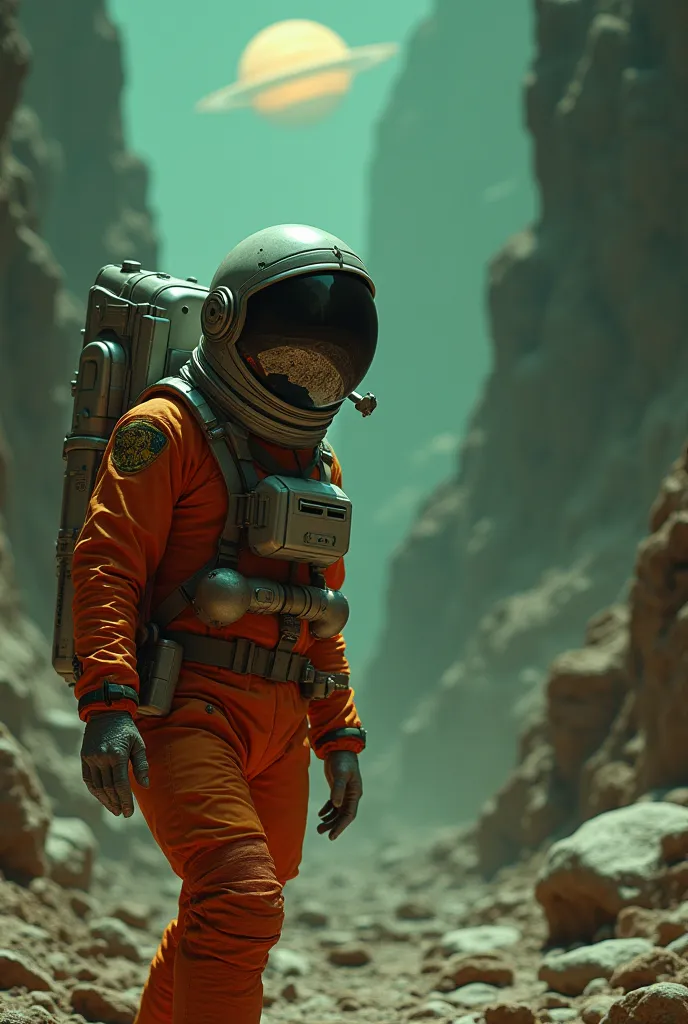  Close-up and focus image of a man dressed as an astronaut in an orange suit walking on the surface of a rocky planet in dark space,  You have one arm outstretched trying to hold something  ,   Perfect and detailed hands   ,  the helmet with mirrored and p...