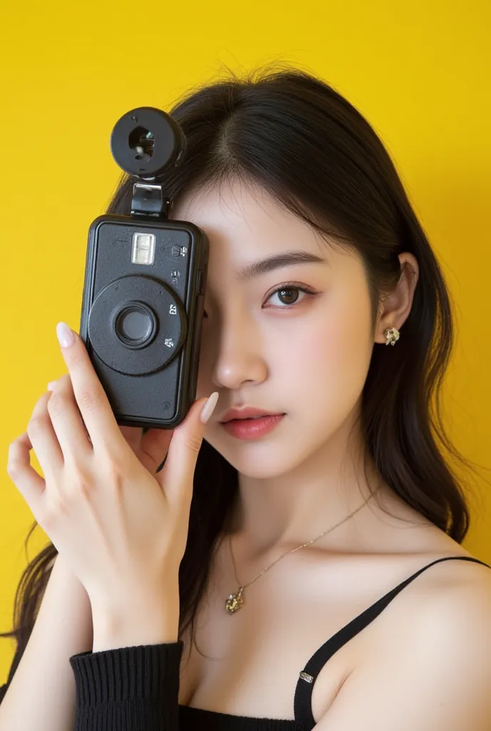  beautiful hands 、 transparent nails,Glossy nails 、boyish beautiful  Korean girl, slightly  chubby, little 
smile, wavy long black  white hair, black  earing, black  necklace, eyes, nose, lips and, Plain clothing,Half of a woman's face while holding a came...