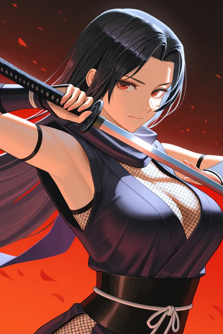 masterpiece, Top Quality,  beautiful woman ,  character focus , One person, upper body, long hair, female ninja, Armor from the Japanese Warring States Period,,In a pose holding a sword, Dynamic Angle, focus on your face,  Moonlit Night, Ancient Kyoto