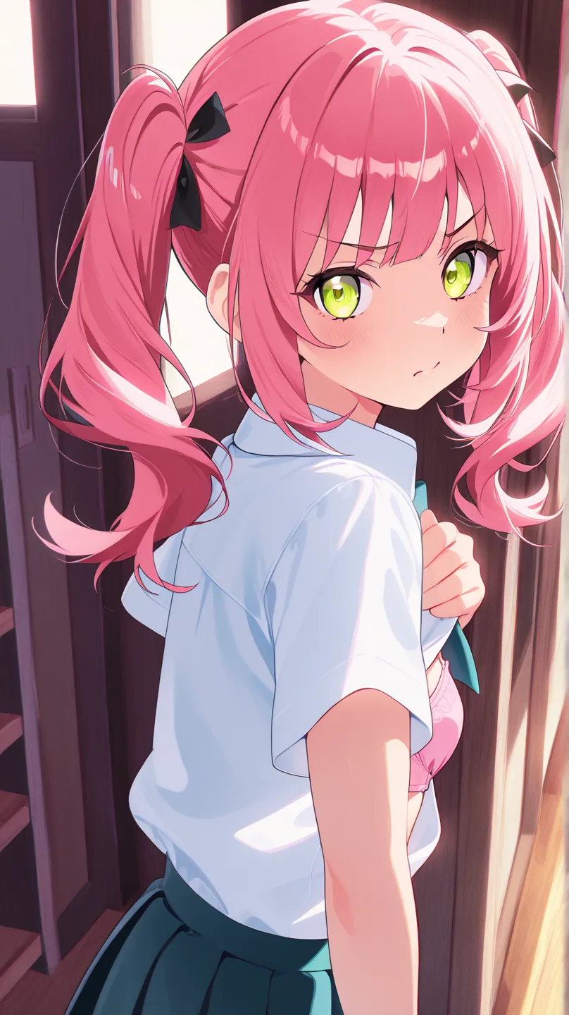  shirt、 twin tails、 school uniforms、 slightly angry face、 small breasts、  pink bra、miniskirt、Looking at me sideways