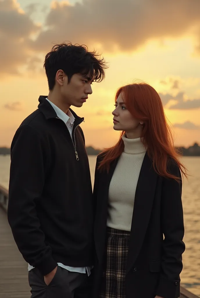 The image shows a boy and a girl on a pier during sunset.

the boy is tall, with disheveled hair and serious expression and black hair. wears a black sweater with a zip around the neck, that reveals a white shirt underneath. The contrast between the dark s...