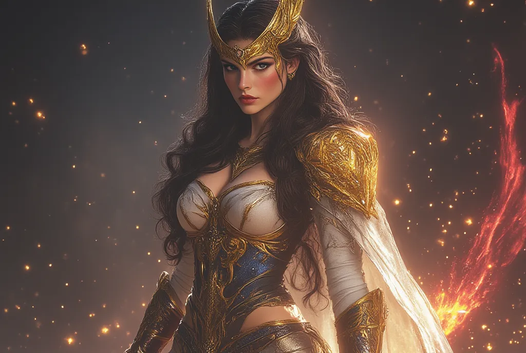 Realistic drawing of a young woman in her 20s, Norse Goddess Freya, with European features, megan fox style,  VERY BEAUTIFUL , He is standing and holding a golden blade,  intense and penetrating look . Her VERY LONG HAIR, seeds, Jet black that cascades dow...