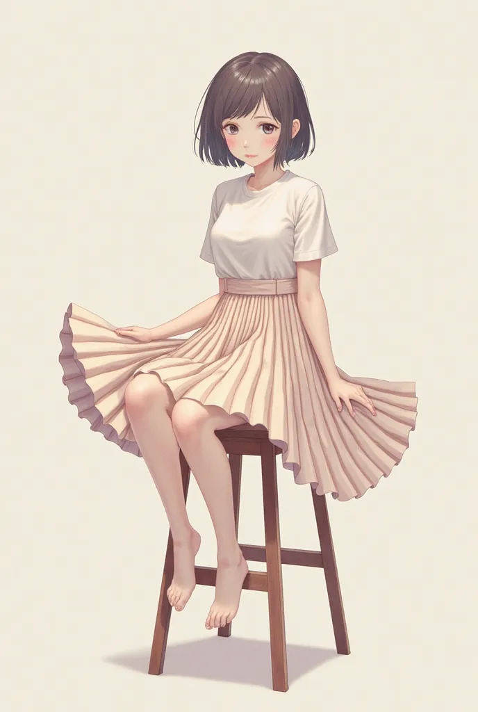 A girl wearing a short single layer pleated skirt, sitting on a stool with her skirt having it flare outward  covering the upper part of the stool