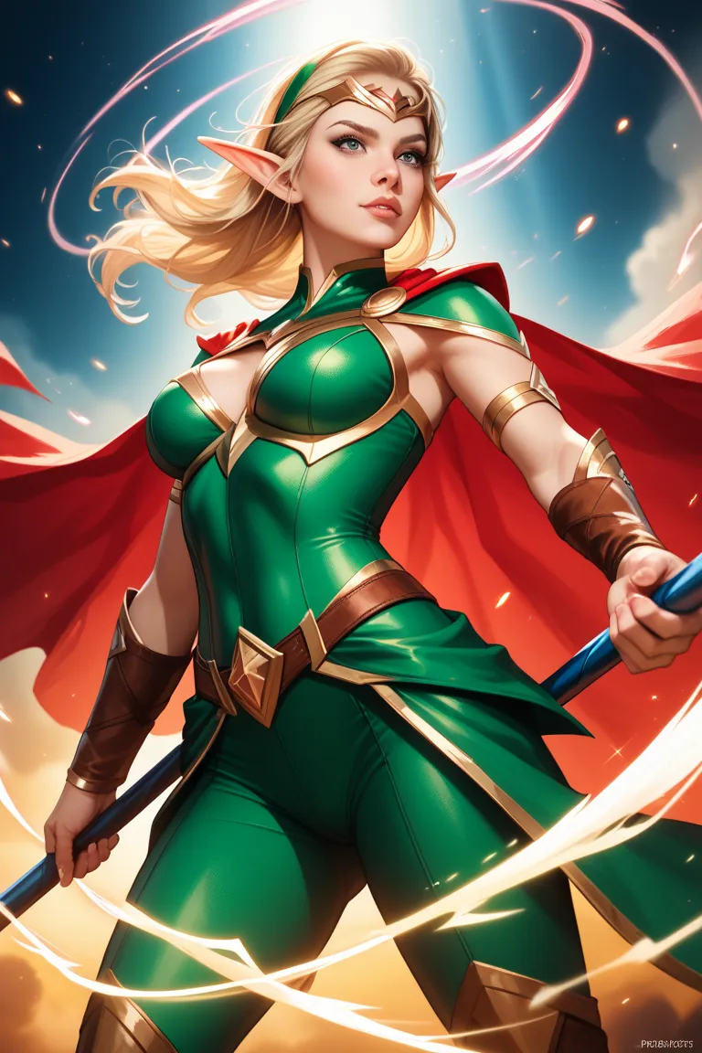 blonde female elf mage wearing superhero costume with a staff in hand