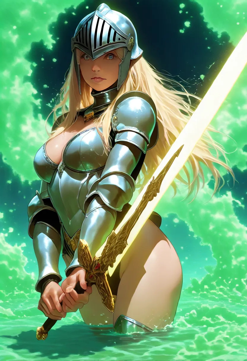 1 30-year-old woman、Blonde long hair、Knight Commander、leotard、wearing a helmet、(Holding a sword),she’s fighting monsters, perfectly highlight the complex anatomical features. SFX complement the visual art, immersing the viewer. The level of detail is awe-i...