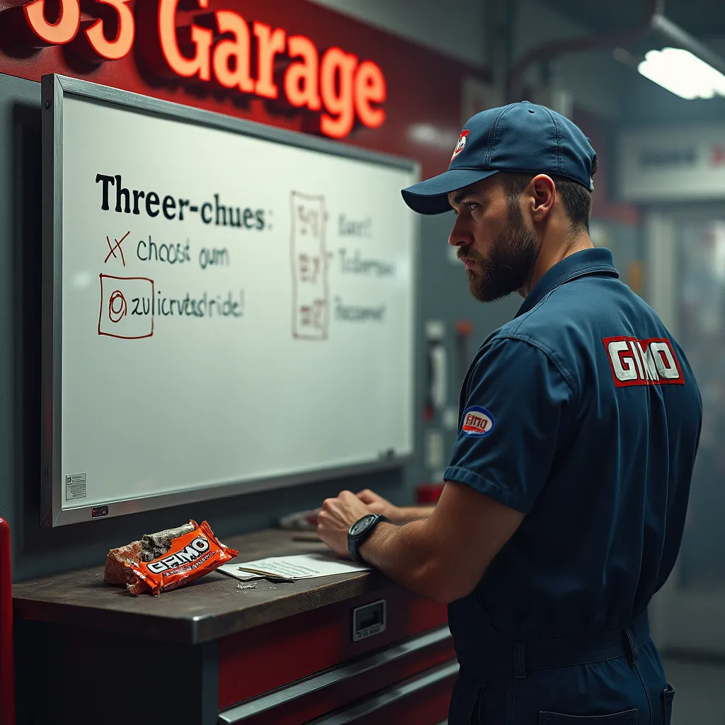 Photorealistic, high-quality image: A mechanic stands inside a "33 Garage", pondering a "three-choice" decision visible on a whiteboard. A half-eaten pack of "Xylicrystal" gum sits on a nearby toolbox. A "GIMO" (perhaps clothing or a tool brand) logo is su...