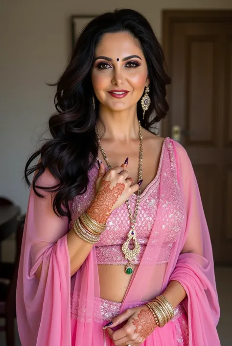 


 ((32K, top-quality:1.5, masterpiece, A high resolution, Photorealsitic)), A beautiful young Pakistan's,40 years old , bindi and light lips woman wearing pink bridal lehenga, henna (mehndi) in both hands
Standing at home,black thick Hair, Streaked Hair,...