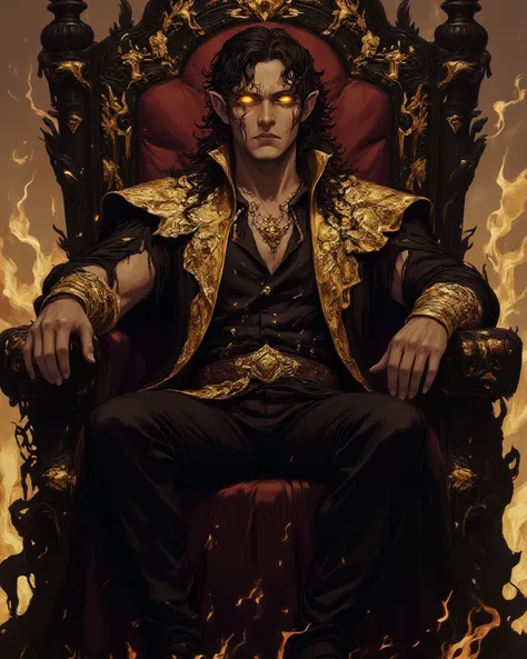 "A giant brown-skinned king sits on his majestic throne of carved black stone, decorated with notches gold and cushions rich in shades of deep red. He has honey-colored eyes that shine brightly and long wavy hair, loose over broad shoulders. His pointed ea...