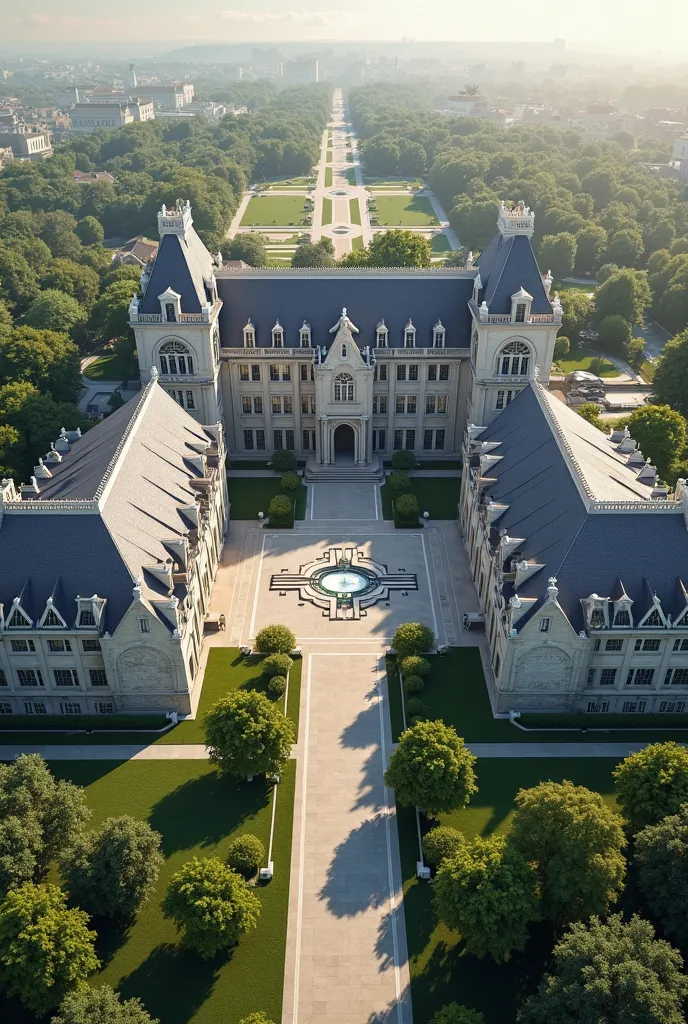 aerial photorealistic image of a large school with a style between modern and old money