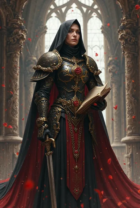 create a battle sister of the holy rose based on Warhammer 40k without a helmet, Without a mask without tattoo, dark gothic tones, with a book in one hand and a sword