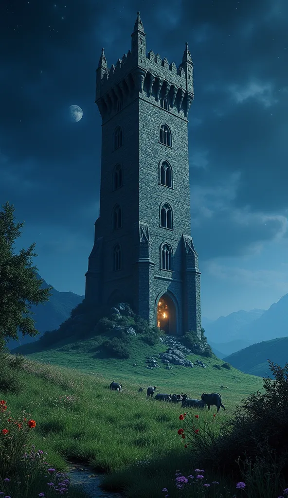 DVD screengrab,1982 dark fantasy film,(excalibur),a floating medieval tower in a field with grass and flowers at night