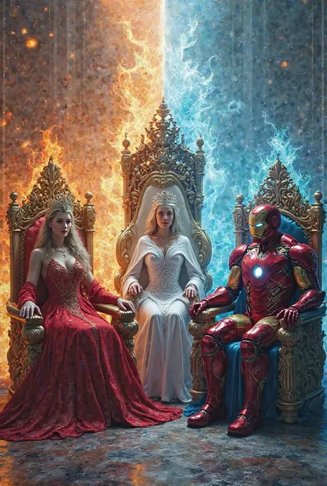 fire queen in the middle sitting on the black-haired throne and crown, with an ice queen sitting on the throne, with a king sitting on the throne and AN iron man sitting on the throne
