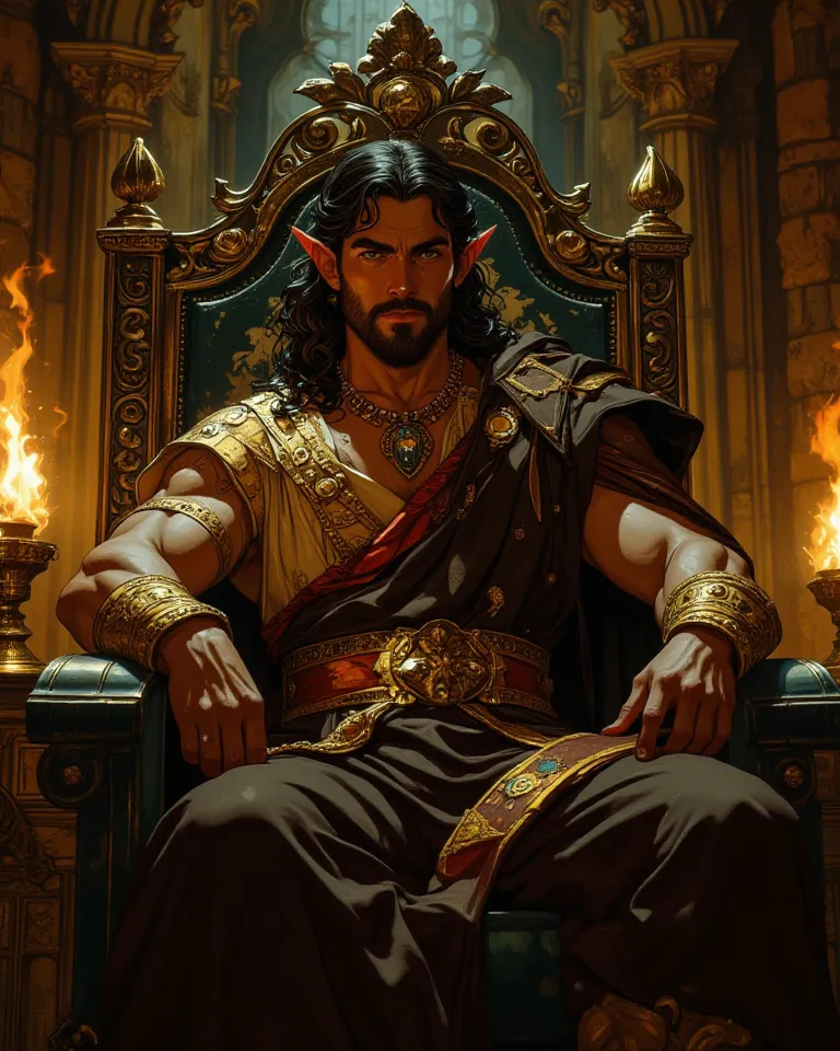 "A giant brown-skinned king sits on his majestic throne of carved black stone, decorated with notches gold and cushions rich in shades of deep red. He has honey-colored eyes that shine brightly and long wavy hair, loose over broad shoulders. His pointed ea...