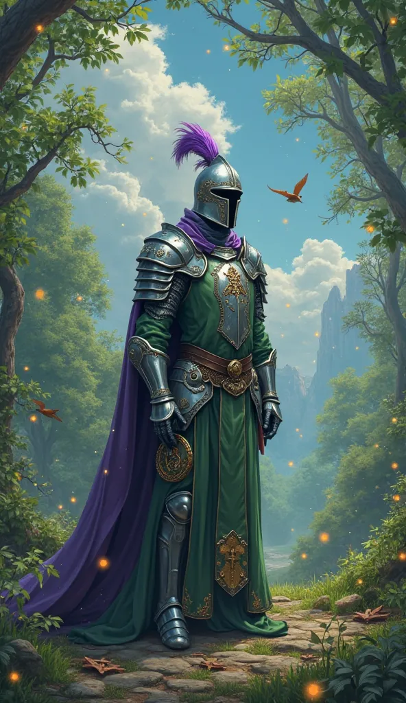 The map is made in fantasy style 

The central element is a magical green forest ,where many fireflies are flying ,is standing a beautiful black horse with metallic silver accents .
A guy about 25 years old in green forest magic robes , in armor and a knig...