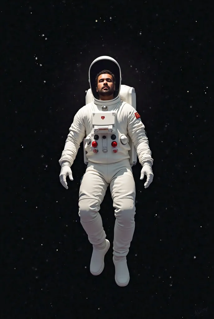 "A minimalist image of an astronaut with the face of IAGO ARAUJO, using a simple space suit, floating in space with a dark background and bright stars, clean and modern art style."