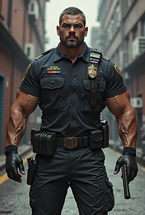 Pelon security guard, somewhat muscular and armed