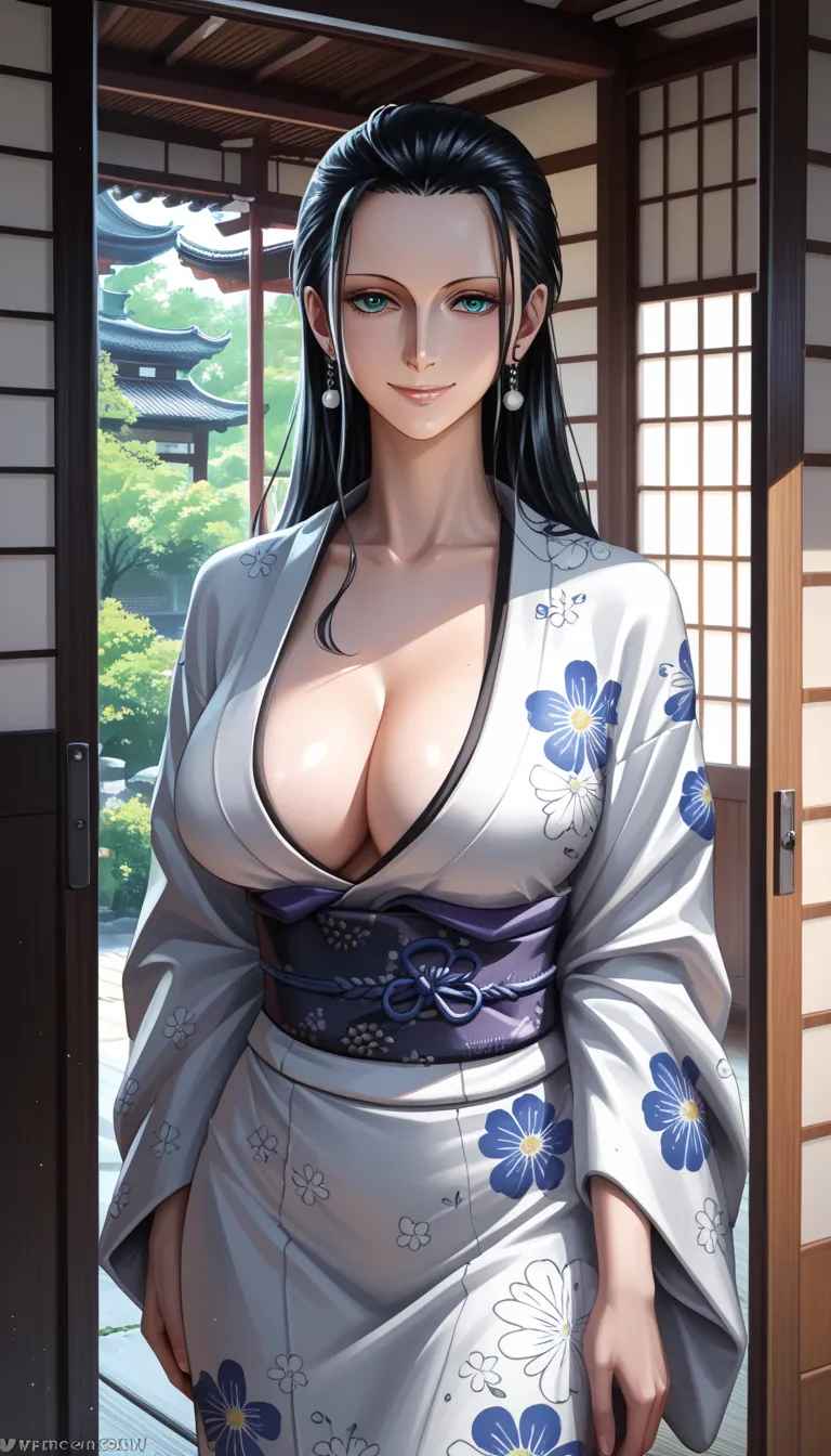 1girl, black_hair, huge_breasts, open_kimono, floral_pattern, cleavage, earring, japanese_garden, open_sliding_door, traditional_architecture, natural_lighting, subtle_smile, watermark, front_view, realistic_lighting, nico_robin, score_9, score_8_up, score...