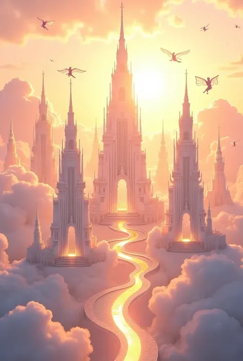 A celestial metropolis with white towers floating among golden clouds. Elegant arches and columns support floating temples, and glowing pathways connect each building. Angelic beings with translucent wings gracefully soar through the sky. The sunset casts ...