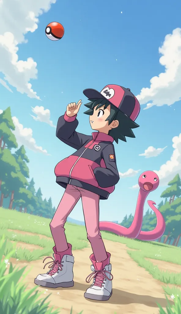 "Satoshi (Ash Ketchum), in his dark pink jacket with black sleeves and white trim, light pink jeans, and high-top white-and-black sneakers with pink laces, takes a deep breath before launching a Poké Ball. His black-and-pink cap with a Poké Ball logo is sl...