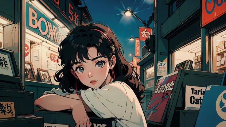 alone, 1 woman, anime, 21years-old, beautiful woman, Wearing headphone, at record shop, listening to music, black eyes, curly black hair, record shop, night, Tokyo