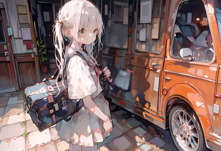 score_9, score_8_up, score_7_up, 1girl, MotiyukiP, (masterpiece), (best quality), (ultra detailed),(illustration),(disheveled hair),(illustration), 1girl, standing, roki_hirokix style, house, school uniform, school bag, twintails, car, carrying bag,straigh...