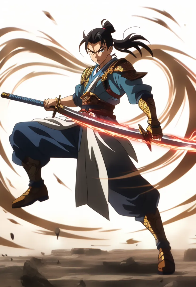 warrior, wielding a sword, Pose should highlight dynamic movement, energy flowing from the gauntlet,(( anime style)), full body, anime boy, white background, male character, anime, ponytail hairstyle