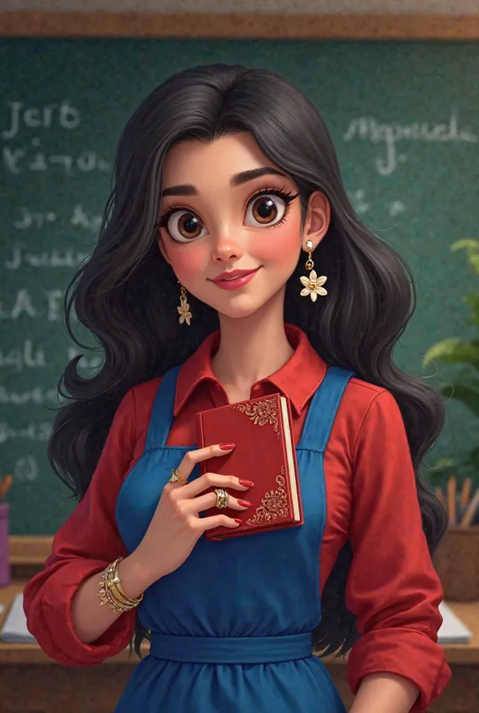 Disney cover of a teacher , with royal blue apron , smartwach red , long black hair, dark brown eyes , large rings in the shape of a white flower , with a red Mickey mousse diary in her hand , Next to the blackboard 