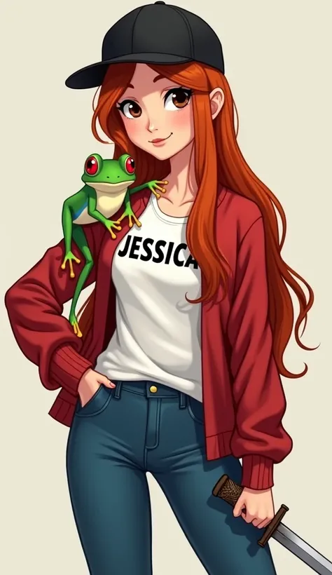 chica(27 years old)  Long straight hair redhead with black cap brown eyes with a white t-shirt with the name JESSICA in red sweater with blue pants red shoes on her shoulder she wears a green frog red eyes and a sword in her hand,