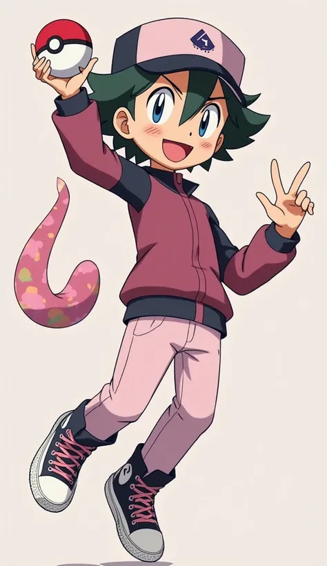 "After a few tense moments, the Poké Ball finally stops shaking and emits a confirming 'ding!' sound. The pink snake Pokémon has been successfully captured! Satoshi (Ash Ketchum), wearing his dark pink jacket with black sleeves and white trim, light pink j...