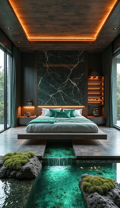 A luxurious master bedroom with a floating king-sized bed framed by a black marble wall and an integrated fireplace. The floor incorporates glass panels revealing a miniature turquoise river with moss and small waterfalls. Floor-to-ceiling windows offer ou...