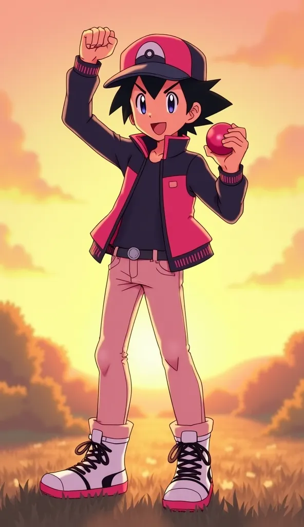 Satoshi (Ash Ketchum) throws his fist in the air, celebrating his victory. Dressed in his dark pink jacket with black sleeves and white trim, light pink jeans, and high-top white-and-black sneakers with pink laces, he beams with pride. His black-and-pink c...