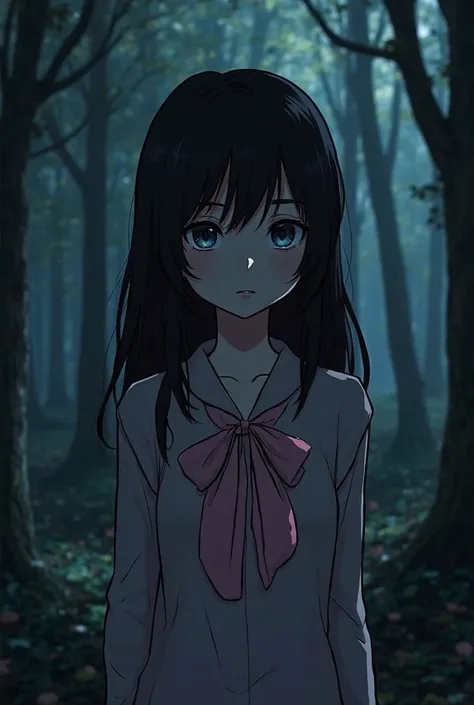 Make a 1920x1080 image with a female character in a cartoon , with black hair ,  sculpted eyes with baby pink details on her clothes, Saying a mysterious back-and-forth She is in a dark forest, dark and calm 

