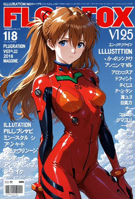 asuka langley soryu, long hair, bangs, blue eyes, brown hair, hair ornament, bodysuit, pilot suit, plugsuit, red bodysuit, interface headset BREAK ((magazine cover)),  fashion magazine cover, illustration,1 girl,Alone