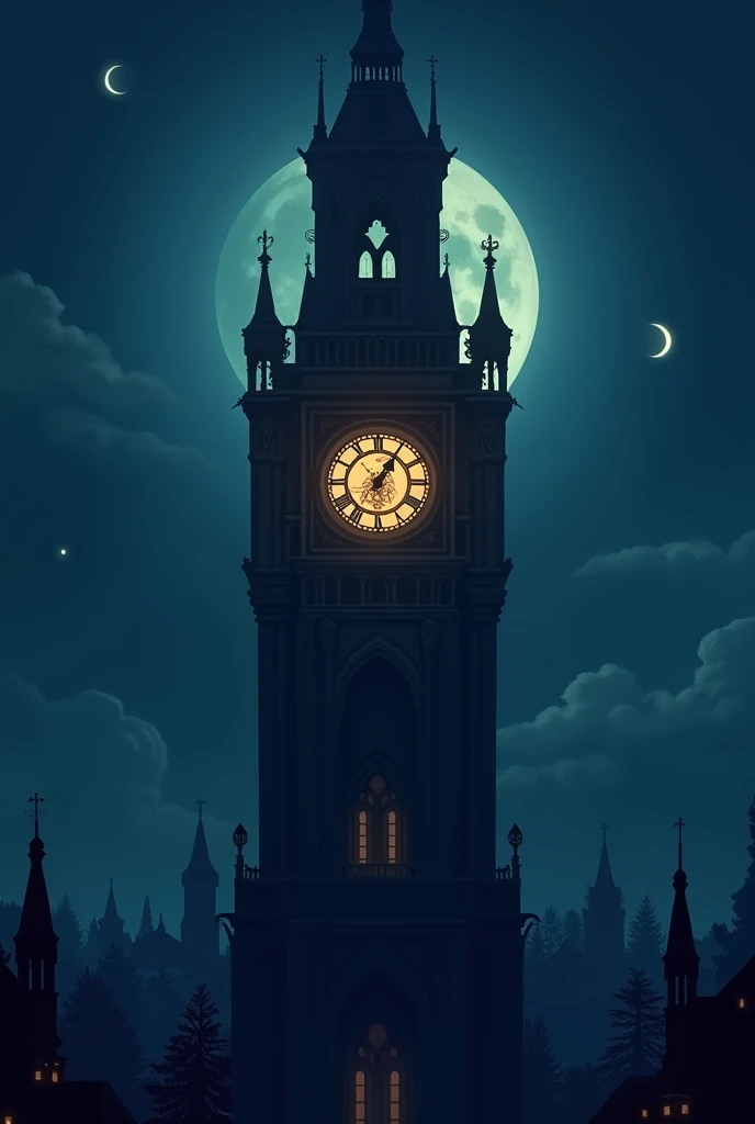 A tower with a clock in the middle, the background moon illuminating