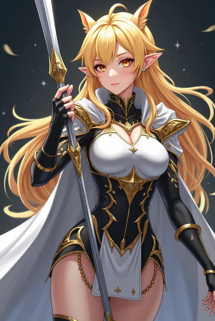 (artwork, maximum quality, boobs,  official art ,  beautiful and aesthetic :1.2)  female, Elfa from anime, anime style, long yellow spiked hair,  golden eyes,  white and gold armor, wearing white cape, black and gold , black t-shirt and pants , wielding a ...