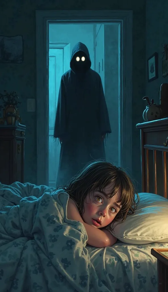  A small , about seven years old, in her bed hugging her blanket in fear. in the hallway, a dark figure with a female silhouette is standing, with empty eyes that shine slightly in the dark.